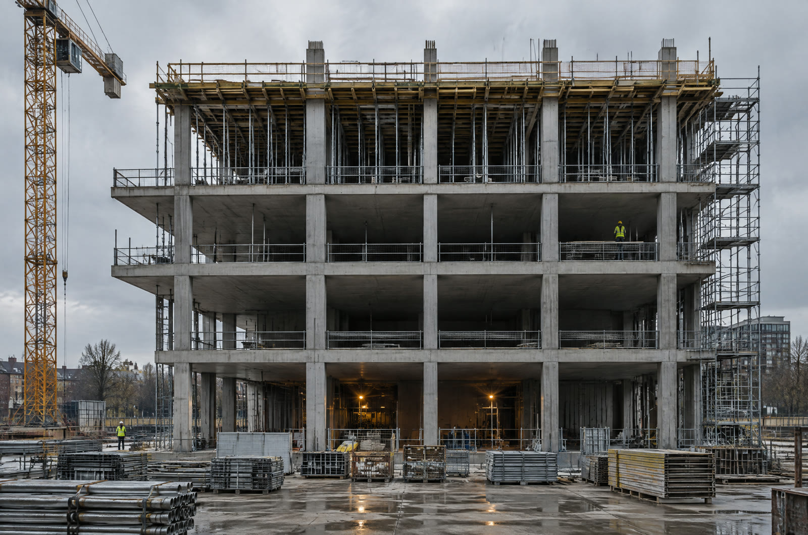 Concept image: the concrete frame mid-construction, three slabs complete, formwork on the upper deck.