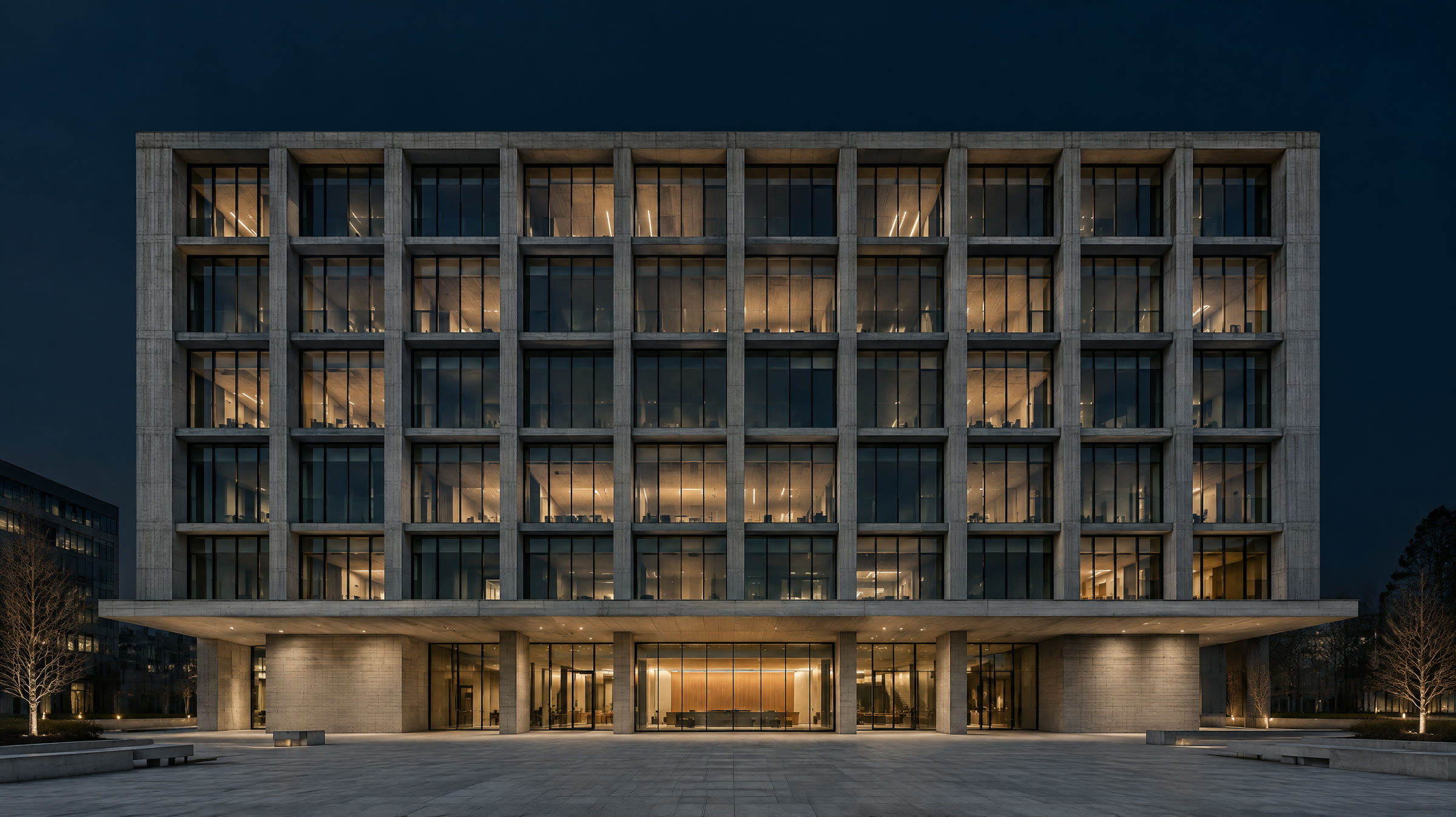 Concept image: a six-storey civic building with an exposed board-formed concrete frame, lit from within at blue hour.