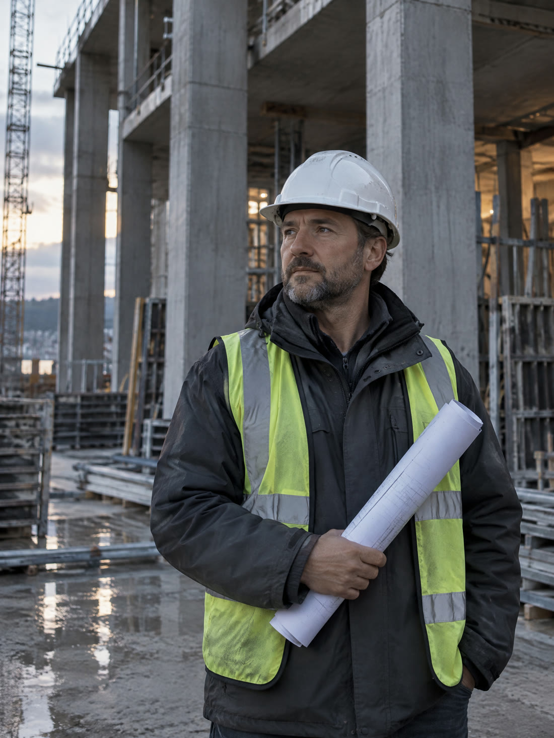 Concept image: a project lead in a white hard hat and hi-vis vest holding rolled drawings on site.