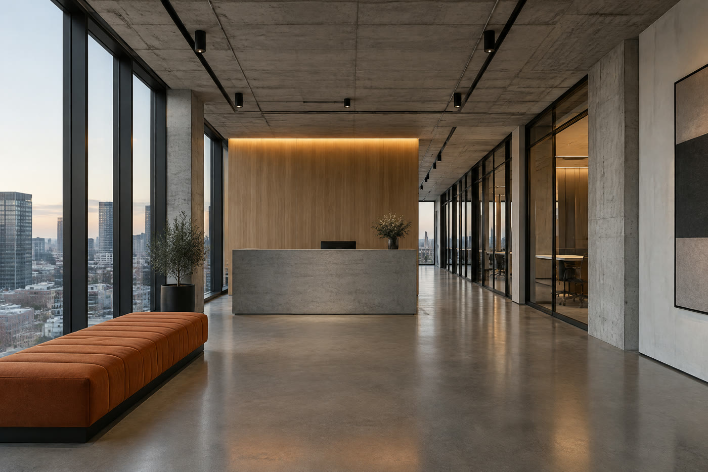 Concept image: an office fit-out with an oak reception wall, exposed concrete soffit and an orange bench.