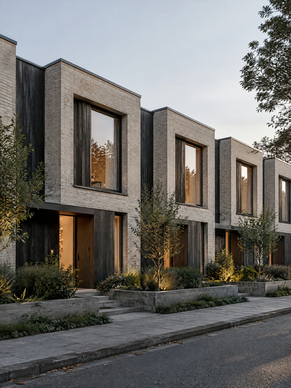Concept image: four terraced homes in pale brick and dark timber.