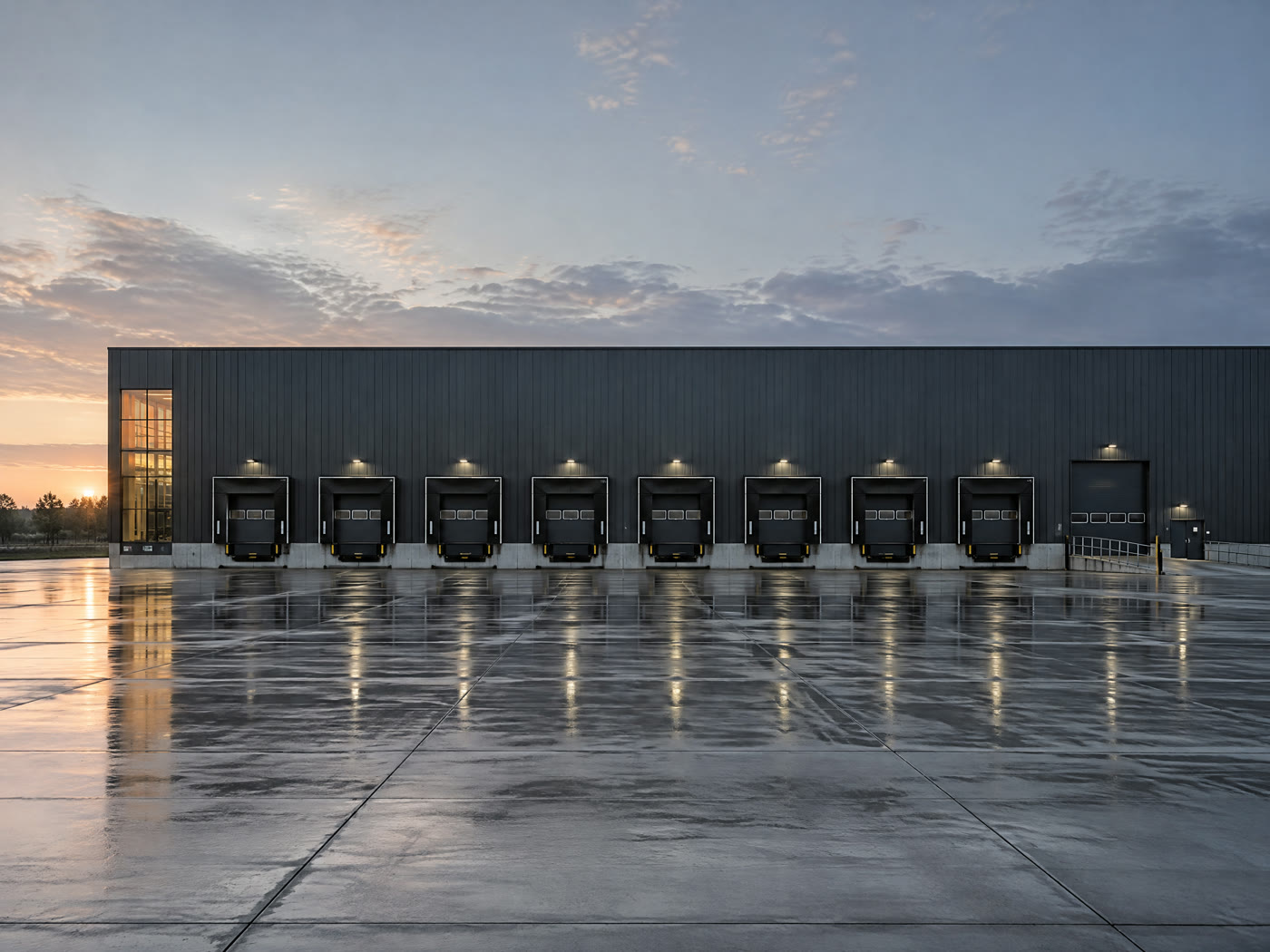Concept image: a long charcoal-clad logistics warehouse with a row of loading docks at dawn.